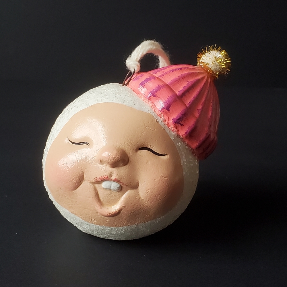 Toothy Grin Noggin Christmas Ornament Ceramic Handpainted Adorable & Glittery